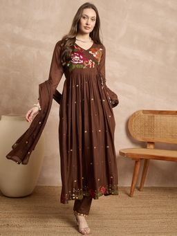 CHETI - Brown Cotton Angarkha Kurta with Pant and Dupatta