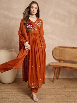 CHETI - Rust Cotton Angarkha Kurta with Pant and Dupatta
