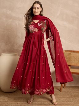CHETI - Red Cotton Angarkha Kurta with Pant and Dupatta