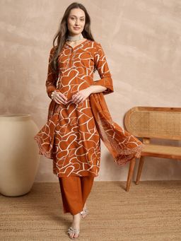 CHETI - Rust Cotton Printed Kurta with Pant and Dupatta