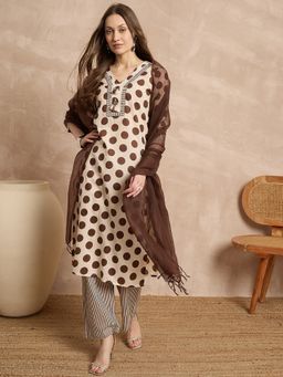 CHETI - Brown Polka Dot Printed Kurta with Pant and Dupatta