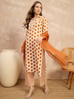 CHETI - Orange Polka Dot Printed Kurta with Pant and Dupatta