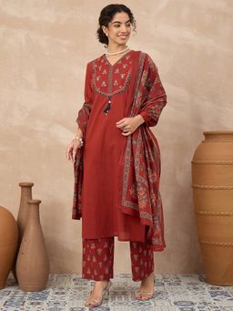 CHETI - Maroon V-Neck Printed Kurta with Trouser and Dupatta