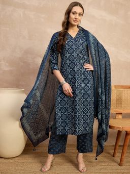 CHETI - Navy Blue Cotton Printed Kurta with Pant and Dupatta