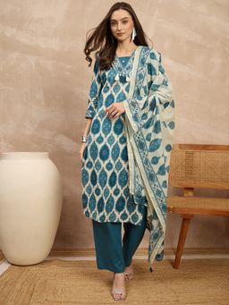 CHETI - Blue Cotton Printed Kurta with Pant and Dupatta