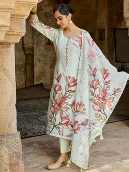 Women Plus - Green Floral Printed Kurta with Pant and Dupatta