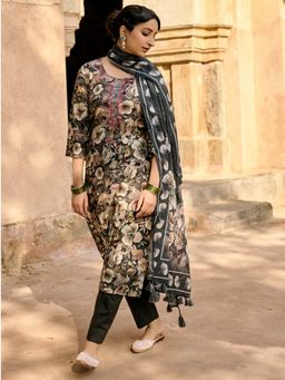 Women Plus - Black Floral Printed Malai Cotton Kurta with Pant and Dupatta