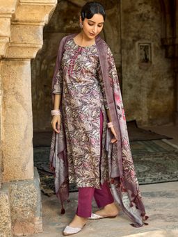 Women Plus - Purple Floral Printed Malai Cotton Kurta with Pant and Dupatta