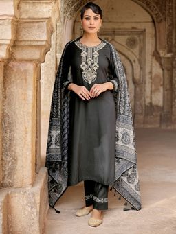 Women Plus - Black Embroidered Viscose Rayon Kurta with Pant and Dupatta