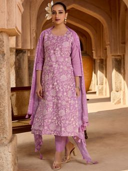 Women Plus - Purple Floral Embroidered Cotton Kurta with Pant and Dupatta