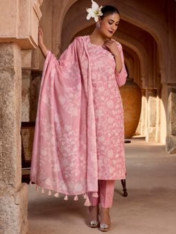 Women Plus - Pink Embroidered Pure Cotton Kurta with Pant and Dupatta