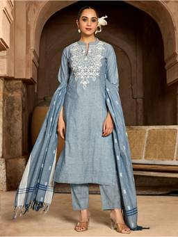 Women Plus - Grey Embroidered Pure Cotton Kurta with Pant and Dupatta