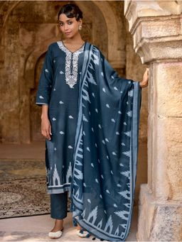 Women Plus - Teal Embroidered Cotton Kurta with Pant and Dupatta