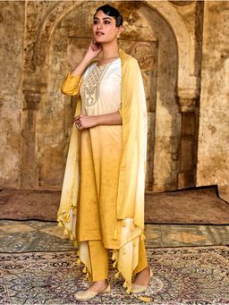 Women Plus - Yellow Embroidered Printed Cotton Kurta with Pant and Dupatta