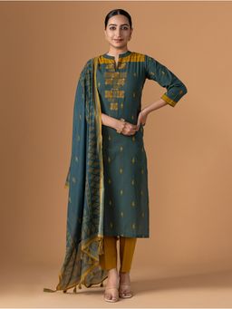 Women Plus - Teal Embroidered Woven Cotton Kurta with Pant and Dupatta