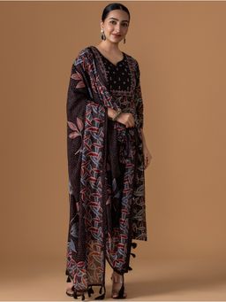 Women Plus - Black Embroidered Printed Ajrakh Kurta with Pant and Dupatta