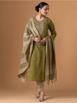 Women Plus - Green Jamdani Pure Cotton Kurta with Pant and Dupatta