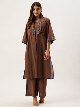STUDIO MISRI - Women Brown Linen Crop Top with Palazzo and Long Shrug