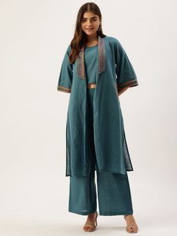STUDIO MISRI - Women Teal Linen Crop Top with Palazzo and Long Shrug
