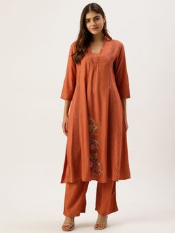 STUDIO MISRI - Rust Lace and Floral Embroidery Kurta with Pant