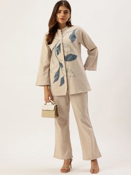 STUDIO MISRI - Beige Linen Leaf Applique Co-Ord Set