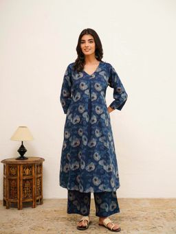 GOODHAND - Navy Blue Cotton Floral Printed Noor A-Line Co-Ord Set