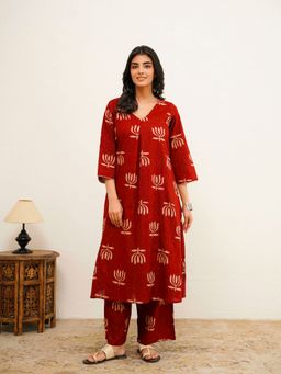 GOODHAND - Red Cotton Floral Printed Noor A-Line Co-Ord Set