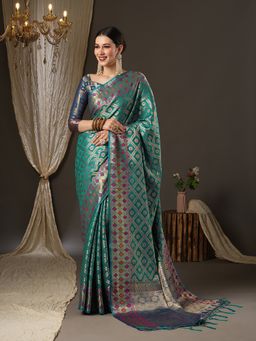 Akhilam - Womens Silk Blend Blue Woven Design Designer Saree with Unstitched Blouse