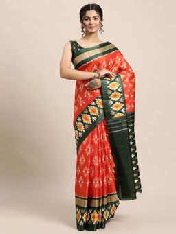Odette - Womens Dola Silk Orange Printed Designer Saree with Unstitched Blouse