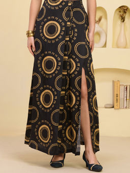 First Resort by Ramola Bachchan - Black Golden Maa Print Skirt With Front Slit