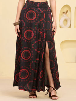 First Resort by Ramola Bachchan - Black Red Maa Print Skirt With Front Slit