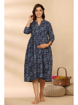 CRAFIQA - Deep Indigo Cotton Maternity - Nursing Dress