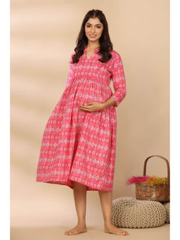 CRAFIQA - Flamingo Pink Ikkat Cotton Maternity - Nursing Dress