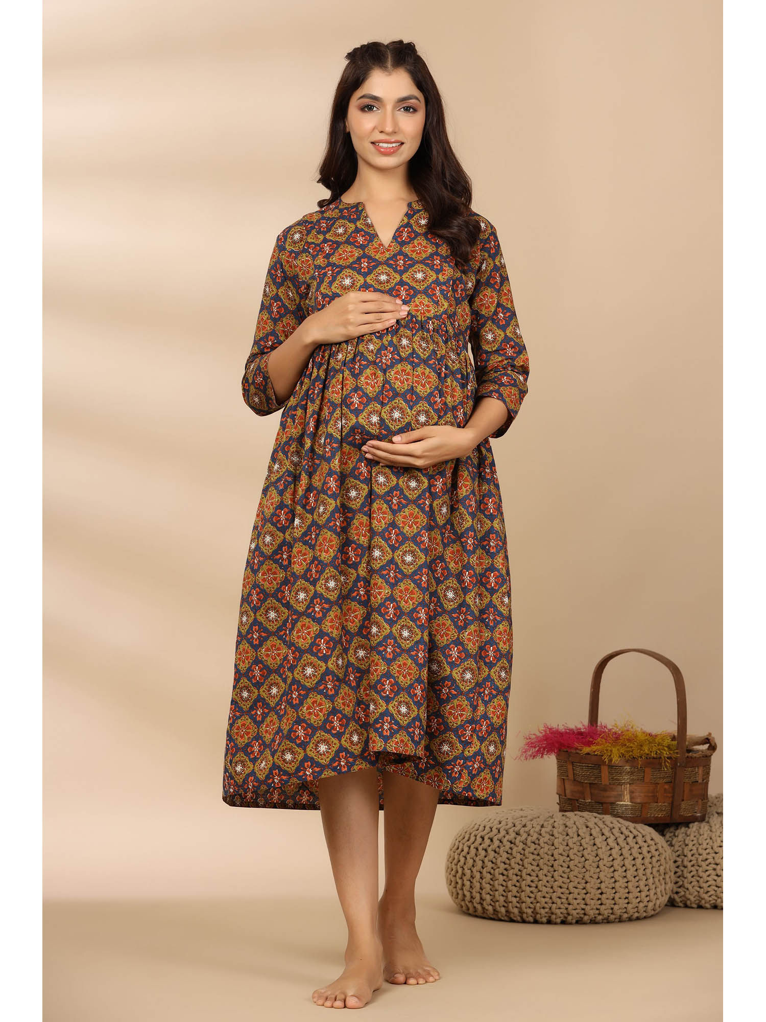 Blooming Blue Ajrakh Cotton Maternity - Nursing Dress-image-2
