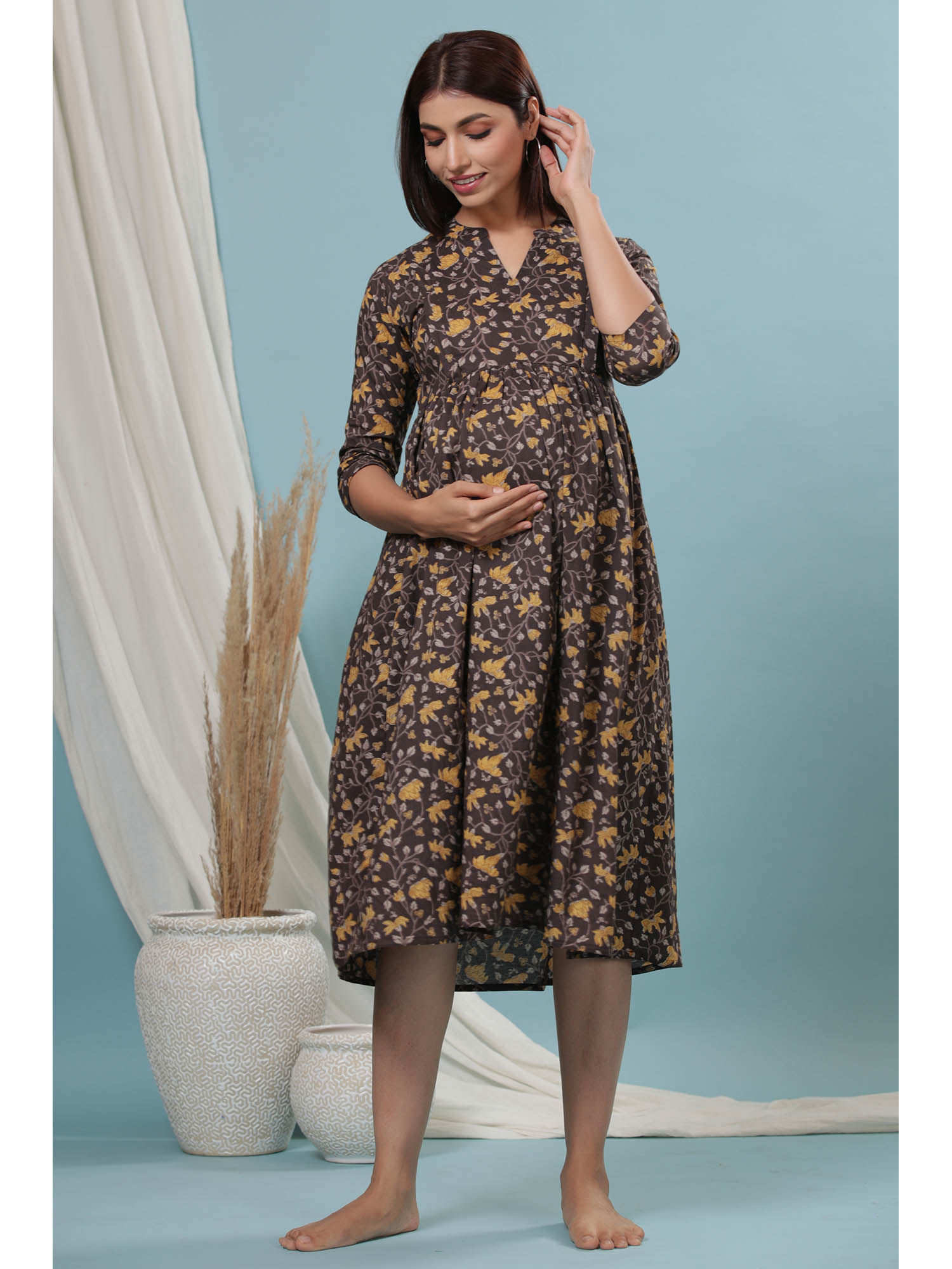Cinnamon Jaal Cotton Maternity - Nursing Dress-image-30