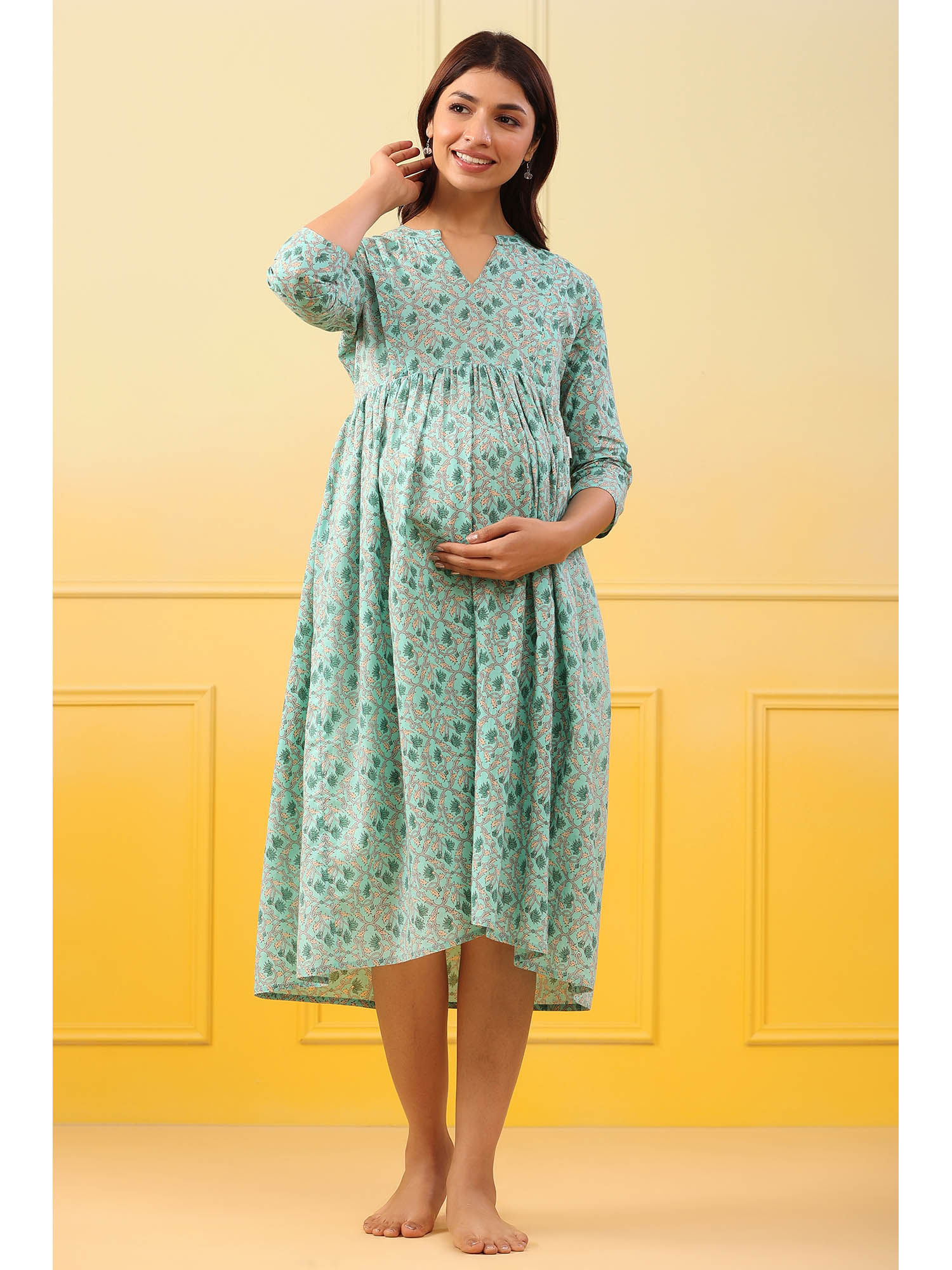Powder Blue Jaal Cotton Maternity - Nursing Dress-image-43