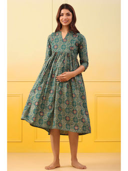 CRAFIQA - Green Emerald Gold Motifs Cotton Maternity - Nursing Dress