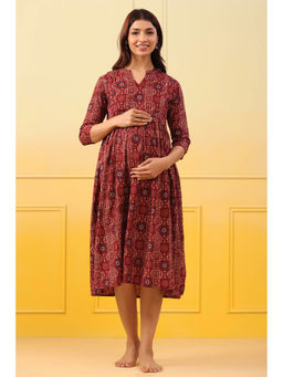 CRAFIQA - Maroon Oak Gold Motifs Cotton Maternity - Nursing Dress