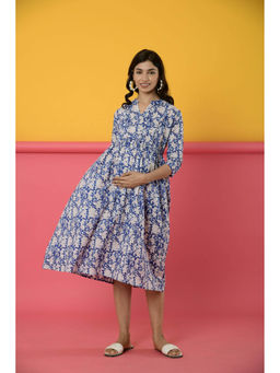 CRAFIQA - Persian Blue Cotton Maternity - Nursing Dress