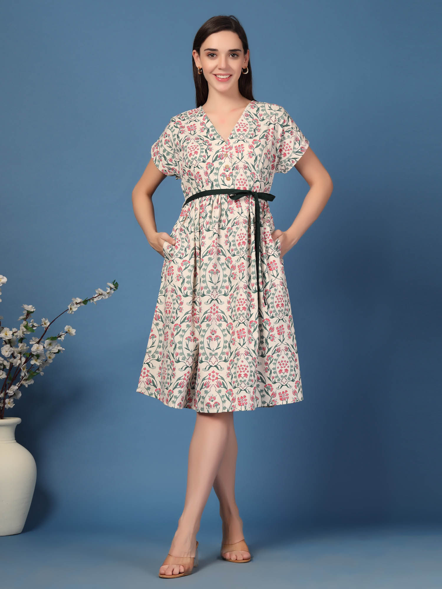 zelena ANNIE Cotton Maternity Shirt Dress-picture-2