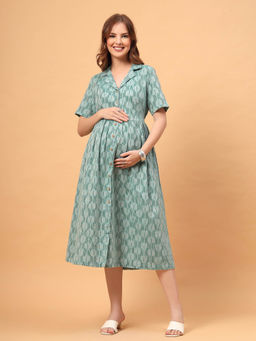 Zelena - Ikat Print Cotton Maternity Shirt Dress