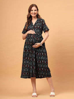 Zelena - Ikat Print Cotton Maternity Shirt Dress