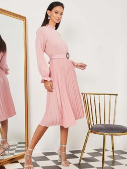 Styli - Pink Long Sleeves High Neck Solid A-line Midi Dress