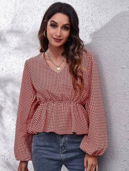 Oh Rare - Red Balloon Sleeve V-Neck Casual Top