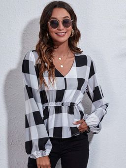 Oh Rare - Black Checked Balloon Sleeve V-Neck Casual Top