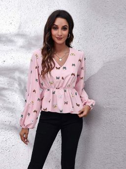 Oh Rare - Pink Balloon Sleeve V-Neck Casual Top