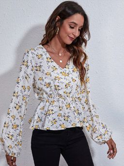 Oh Rare - White Floral Print Balloon Sleeve V-Neck Casual Top