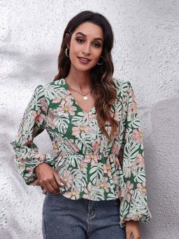 Oh Rare - Green Floral Print Balloon Sleeve V-Neck Casual Top