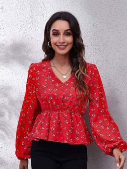 Oh Rare - Red Floral Print Balloon Sleeve V-Neck Casual Top