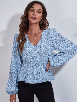 Oh Rare - Blue Printed Balloon Sleeve V-Neck Casual Top